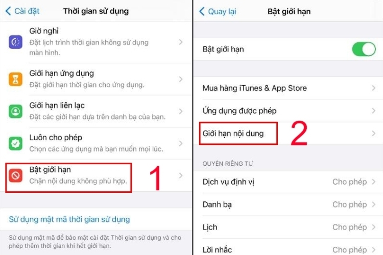 Bấm vào Bật giới hạn và chọn Giới hạn nội dung