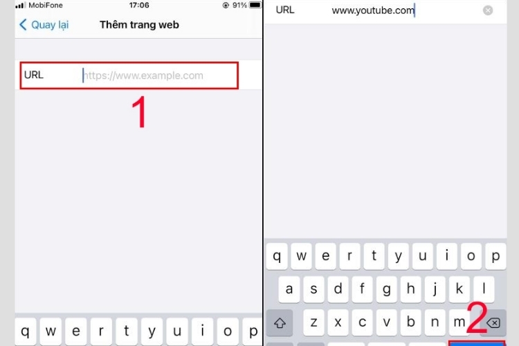 Nhập địa chỉ web muốn chặn và nhấn Xong để hoàn thành