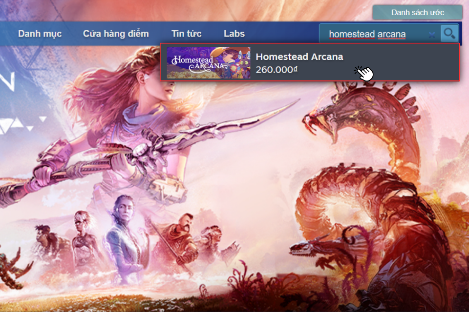 Nhập từ khóa “Homestead Arcana” vào thanh tìm kiếm và chọn trò chơi trên danh sách tìm kiếm