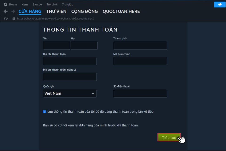 Lựa chọn phương thức thanh toán phù hợp nhất và nhấn Tiếp tục để hoàn tất giao dịch thanh toán