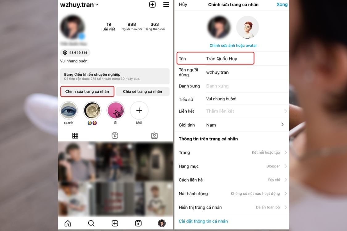 Đổi tên trên ứng dụng điện thoại Instagram