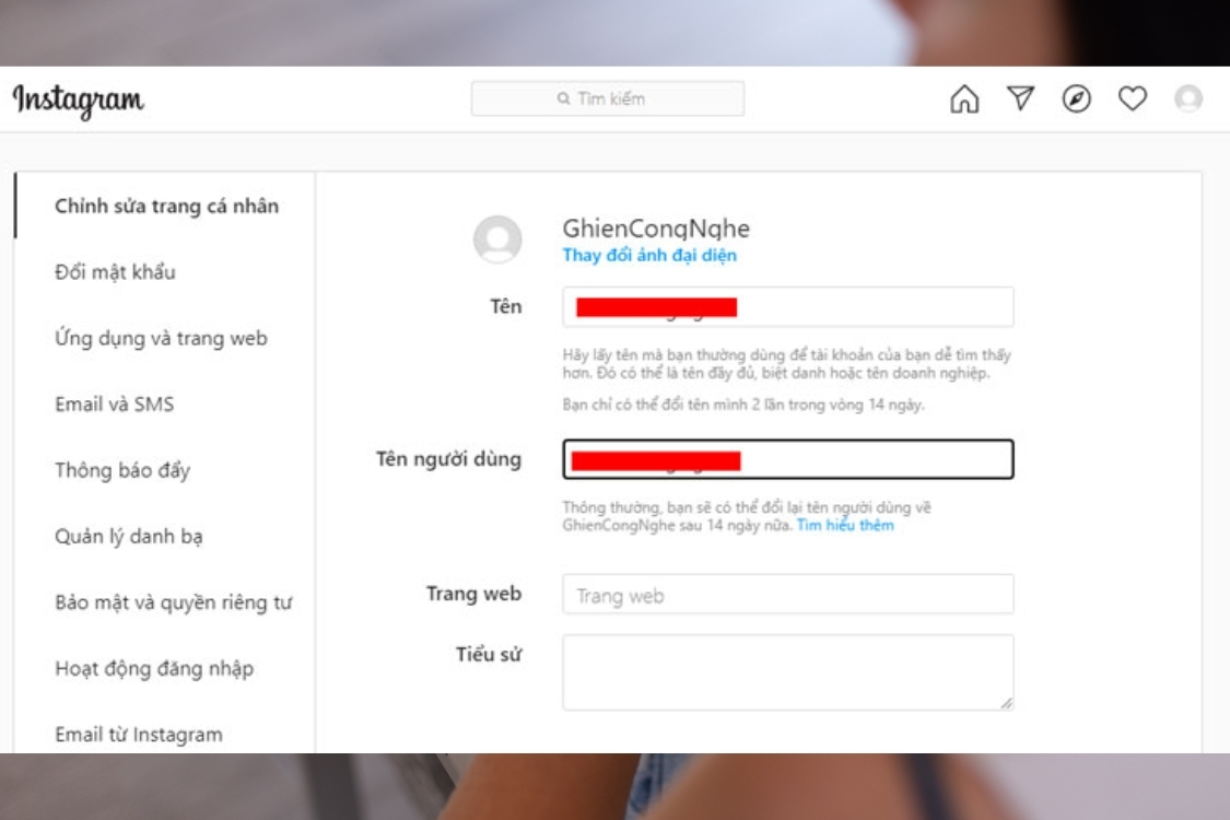 Đổi tên trên trang web Instagram