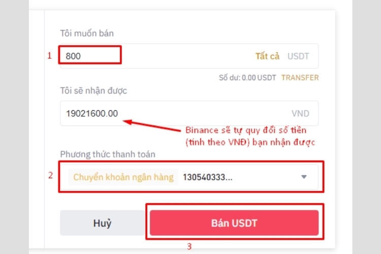Điền số lượng USDT bạn muốn bán