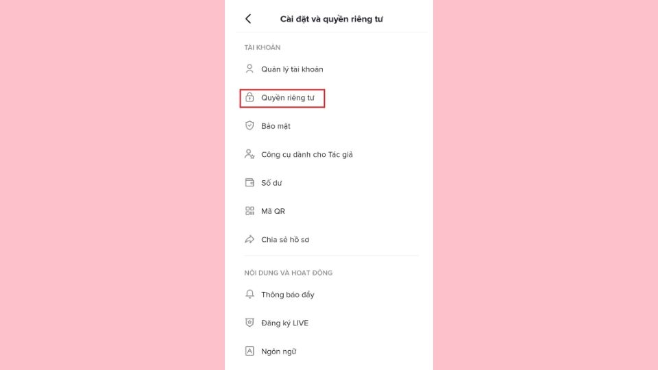 Chọn mục Quyền riêng tư