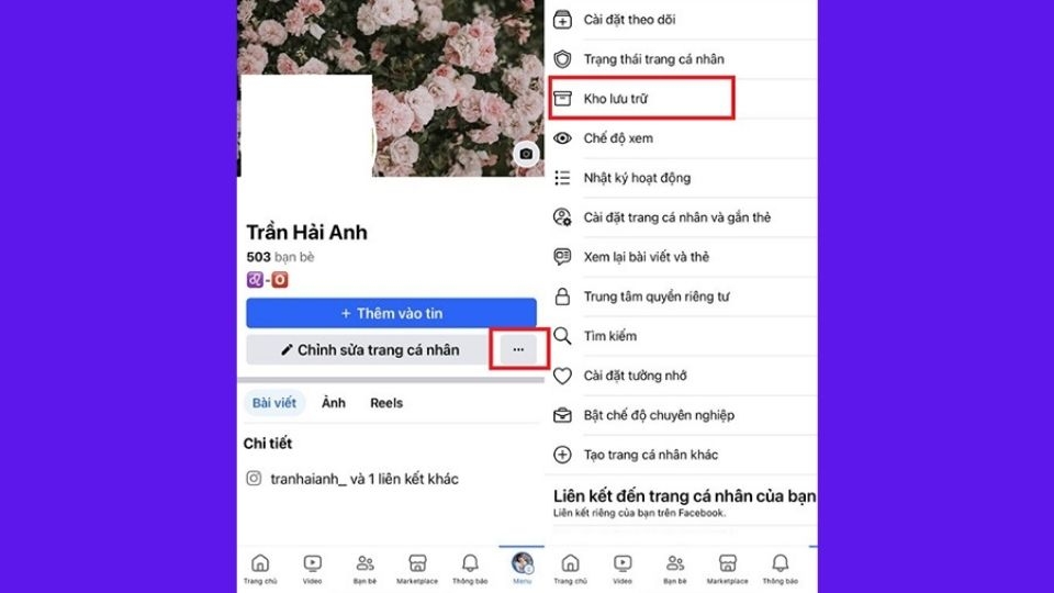 Truy cập vào ứng dụng Facebook,vào “Trang cá nhân”