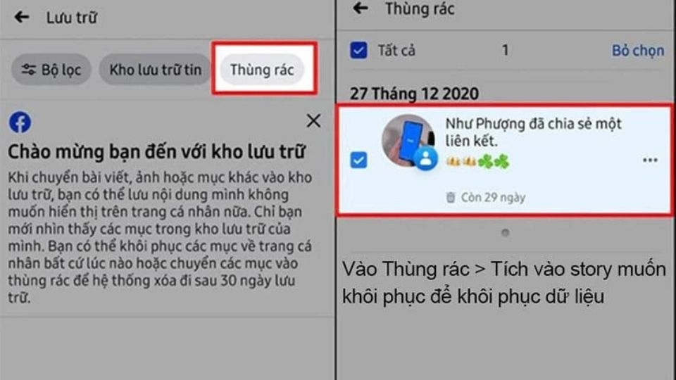 Bấm vào “Thùng rác”