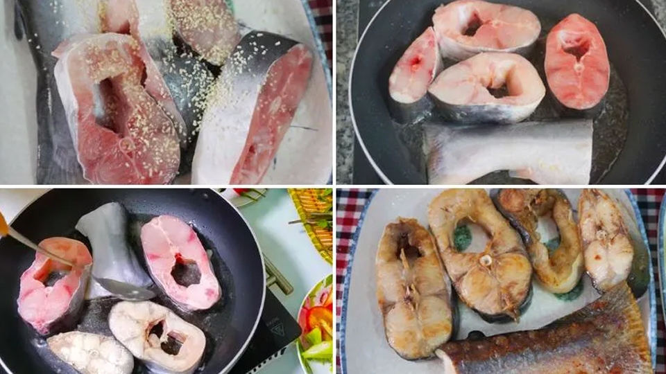 Ướp gia vị và chiên cá basa.