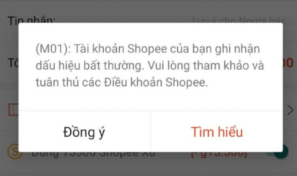 Giao diện thông báo lỗi M01 Shopee