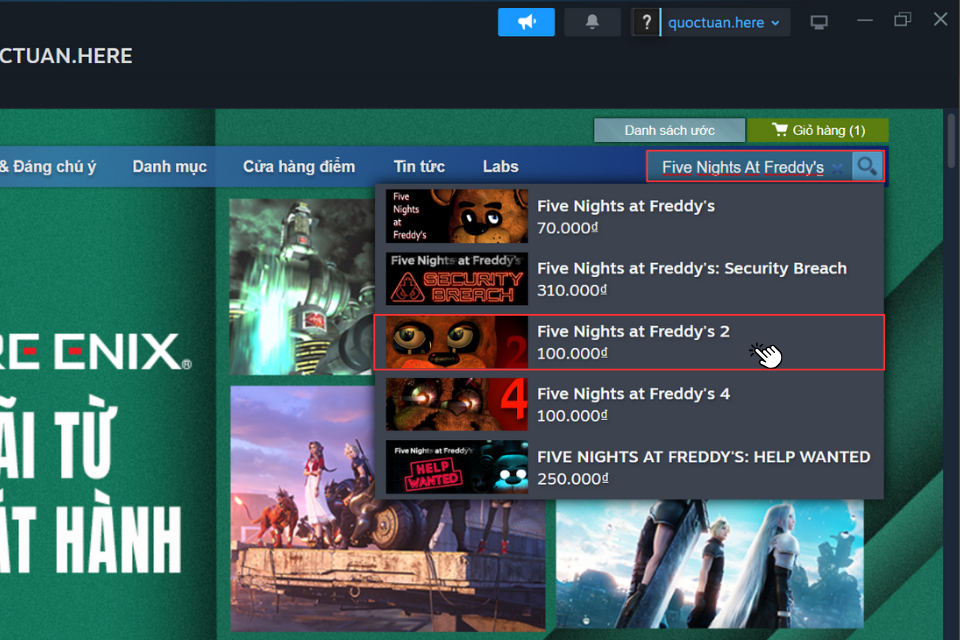 Nhập từ khóa “Five Nights at Freddy's 2” vào thanh tìm kiếm và chọn trò chơi trên danh sách tìm kiếm