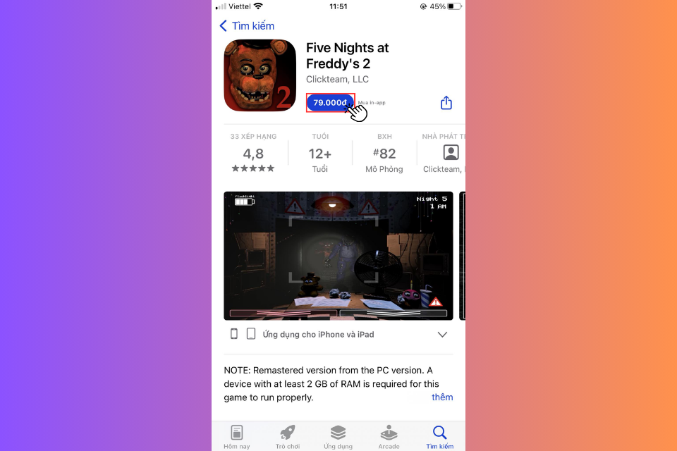 Nhấn vào ứng dụng Five Nights at Freddy's 2 và chọn nút 79.000đ để tiến hành mua trò chơi