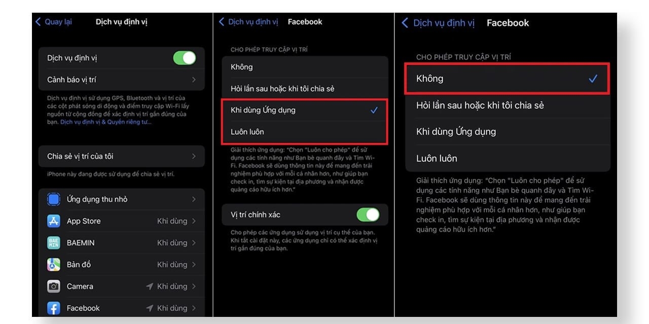 Chọn ứng dụng muốn tắt định vị