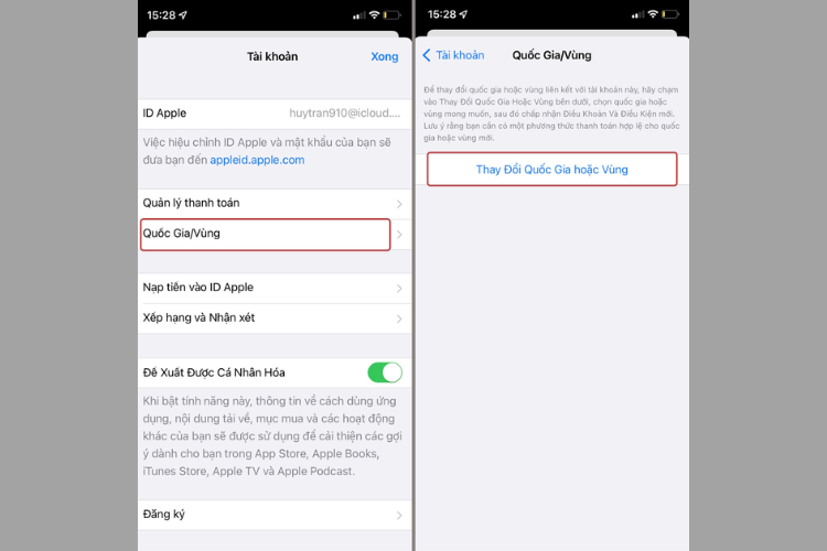 Chọn "Thay đổi quốc gia hoặc vùng"