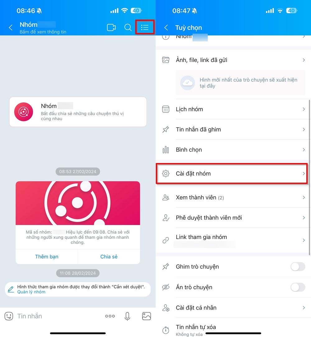 Cách thiết lập quyền cho các thành viên trong nhóm offline Zalo 1