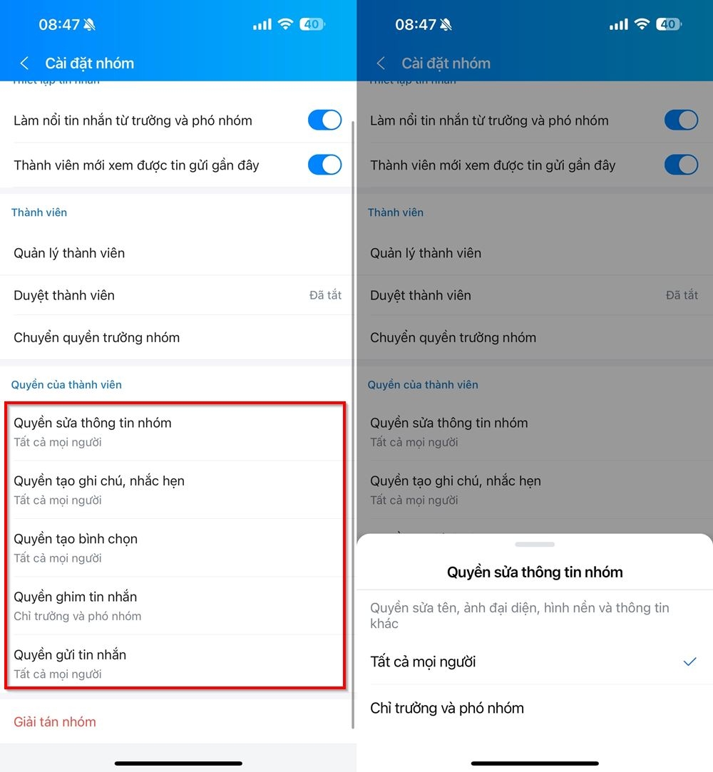Cách thiết lập quyền cho các thành viên trong nhóm offline Zalo 2