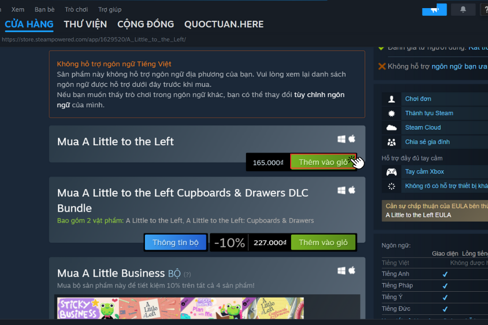 Nhấp vào mục Thêm vào giỏ để thêm trò chơi vào giỏ hàng trò chơi của bạn
