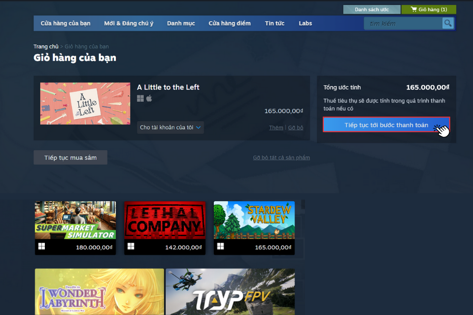 Nhấp vào mục Tiếp tục tới bước thanh toán để tiến hành thanh toán và mua trò chơi