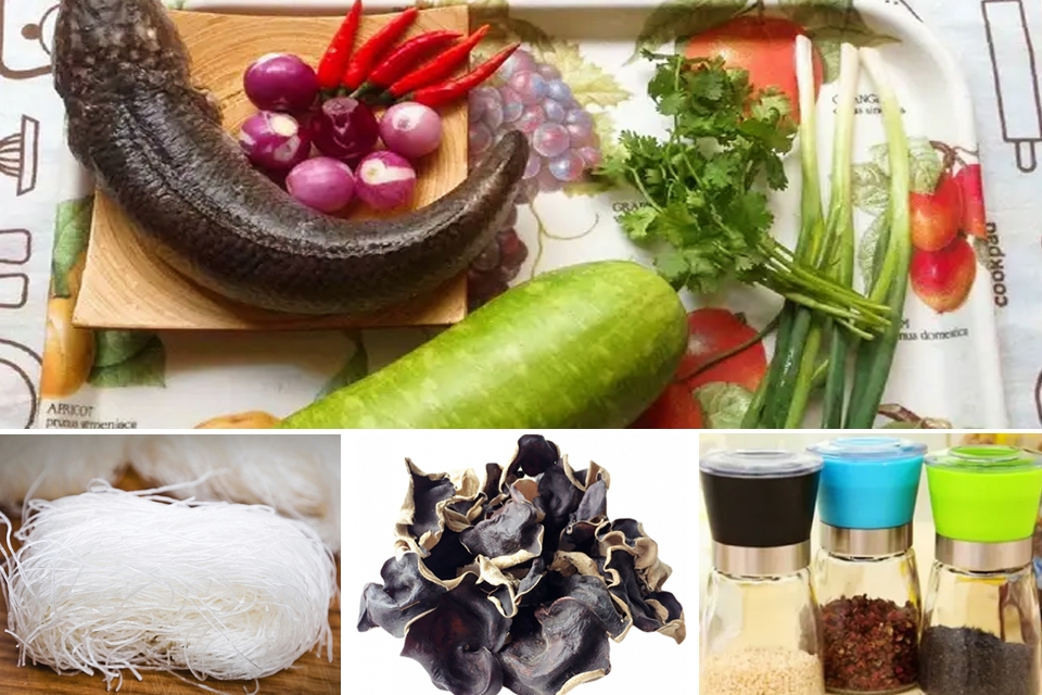 Nguyên liệu làm cá lóc hấp bầu.