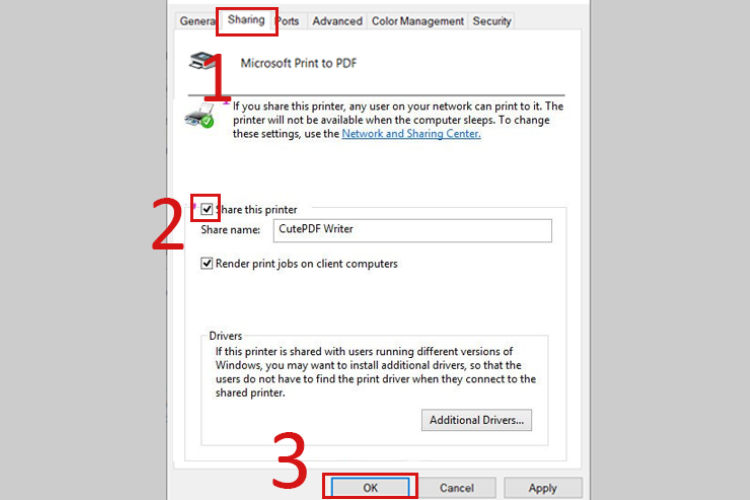 Đánh dấu vào ô Share This Printer rồi bấm Apply