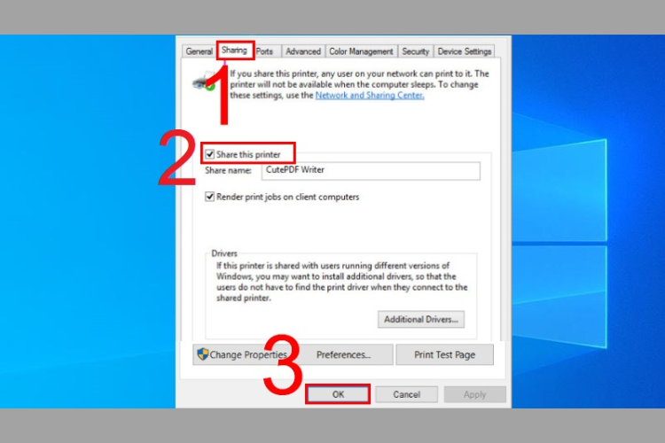 Bấm vào dòng Share this printer rồi nhấn OK