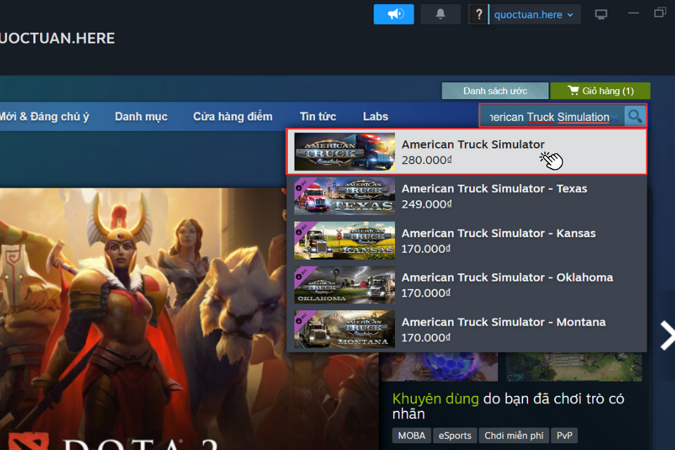 Nhập từ khóa “American Truck Simulator” vào thanh tìm kiếm và chọn trò chơi trên danh sách tìm kiếm