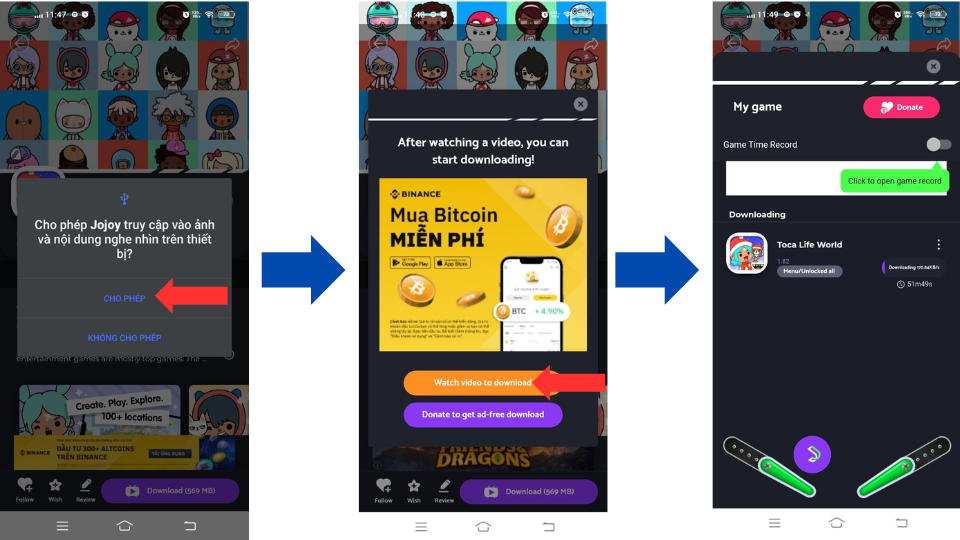 Hướng dẫn bước 4 và 5: Cấp các quyền cần thiết cho Jojoy, sau đó nhấn Watch video to download.