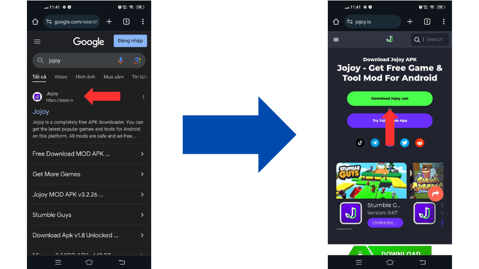 Hướng dẫn bước 1 và 2: Tìm kiếm Jojoy trên trình duyệt web và chọn jojoy.io, sau đó chọn Download Jojoy apk và xác nhận tải xuống.