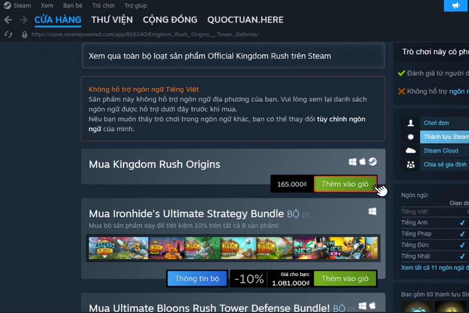 Nhấp vào mục Thêm vào giỏ để thêm Kingdom Rush: Origins vào giỏ hàng của bạn