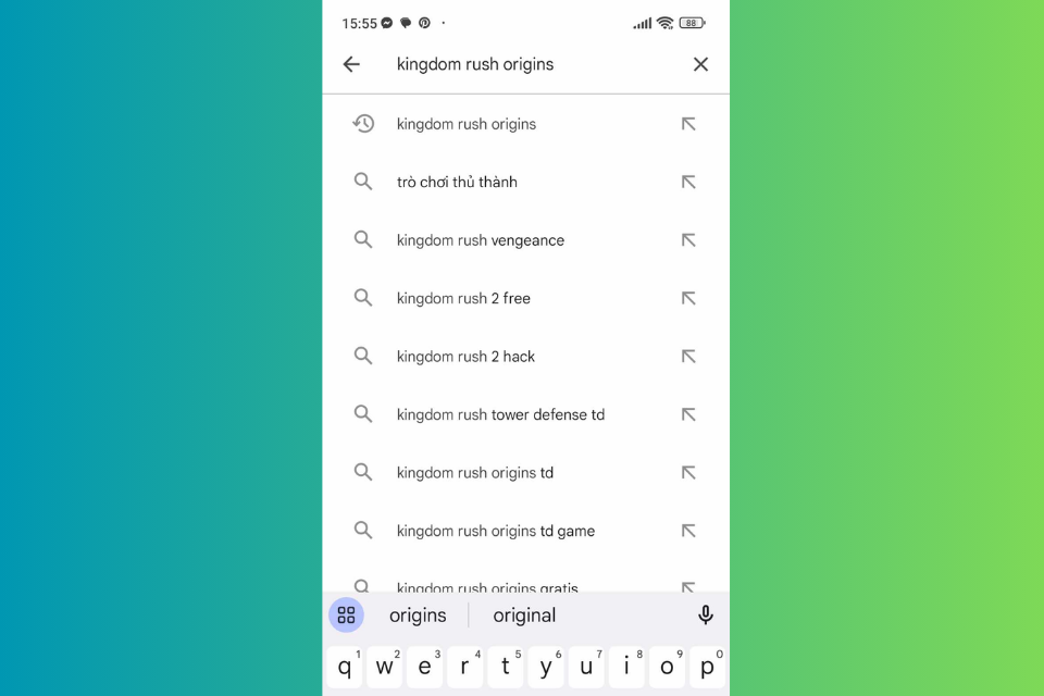 Nhập từ khóa "Kingdom Rush: Origins" vào thanh tìm kiếm của Google Play