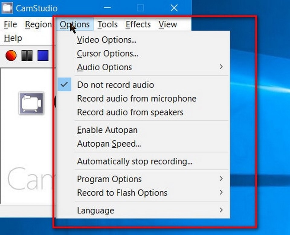 Những tùy chọn chính trên CamStudio