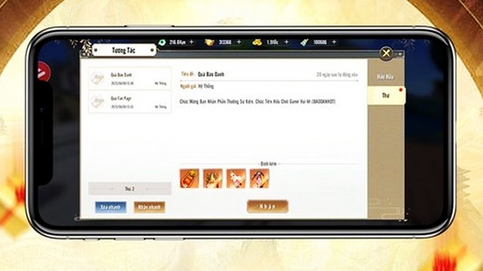 Đổi quà từ mã code và nhận quà từ thông báo hộp thư.