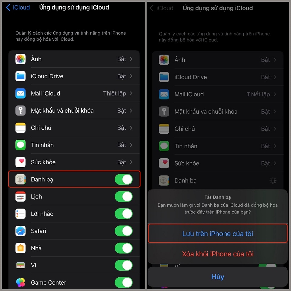 Thao tác tắt đồng bộ danh bạ lên iCloud