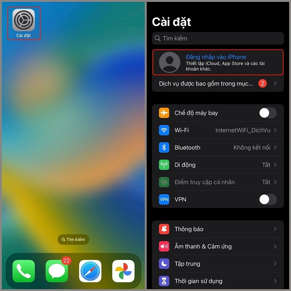 Đăng nhập vào Cài đặt để kiểm tra thông tin iCloud của hai thiết bị