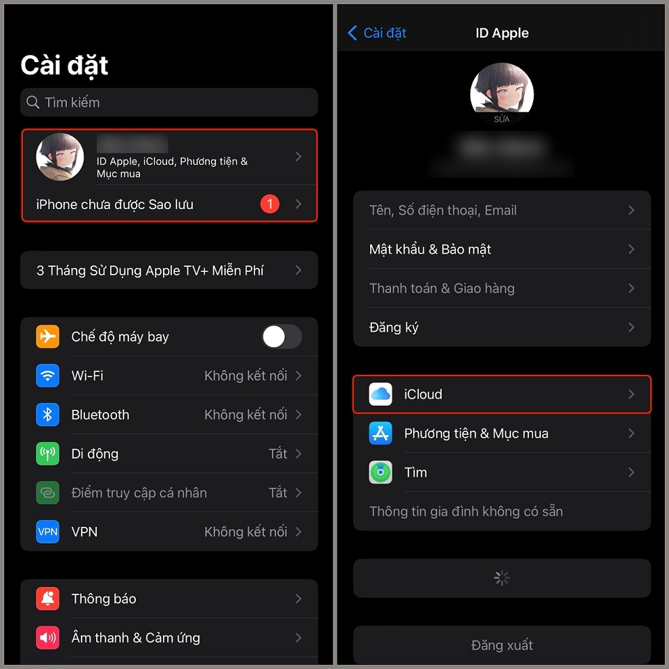 Ấn chọn “iCloud” để bắt đầu quá trình đồng bộ