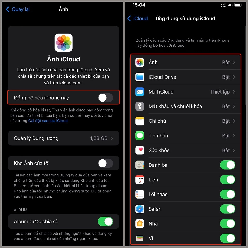 Chọn các tính năng mà bạn muốn đồng bộ dữ liệu giữa 2 iPhone