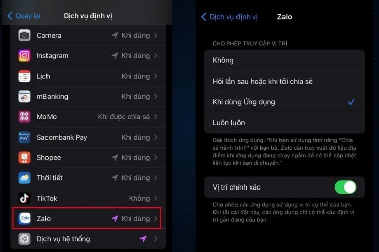 Tìm đến ứng dụng Zalo và cho phép nó truy cập vào vị trí của bạn