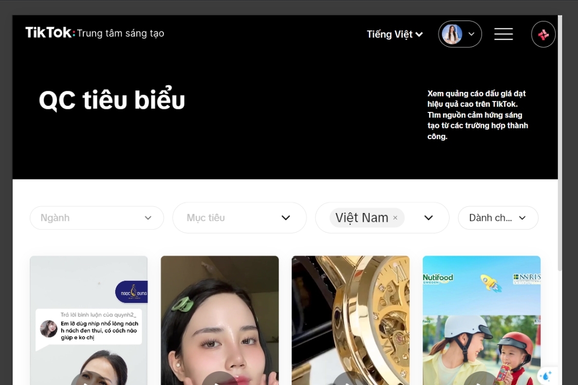 Cách để quảng cáo hiển thị trên TikTok Creative Center