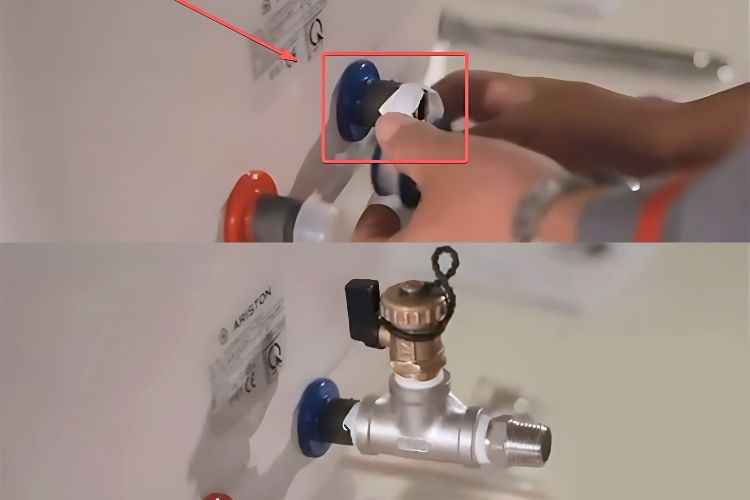 Quấn băng keo ren và gắn van xả vào đường nước vào