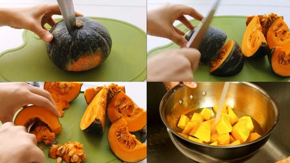 Sơ chế và cắt khúc bí đỏ.