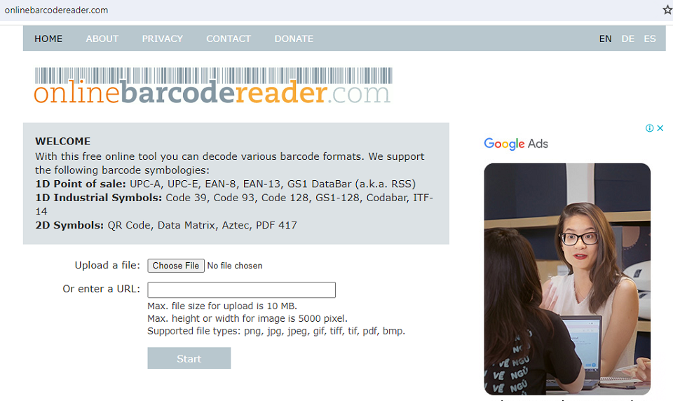 Giao diện sử dụng Online Barcode Reader