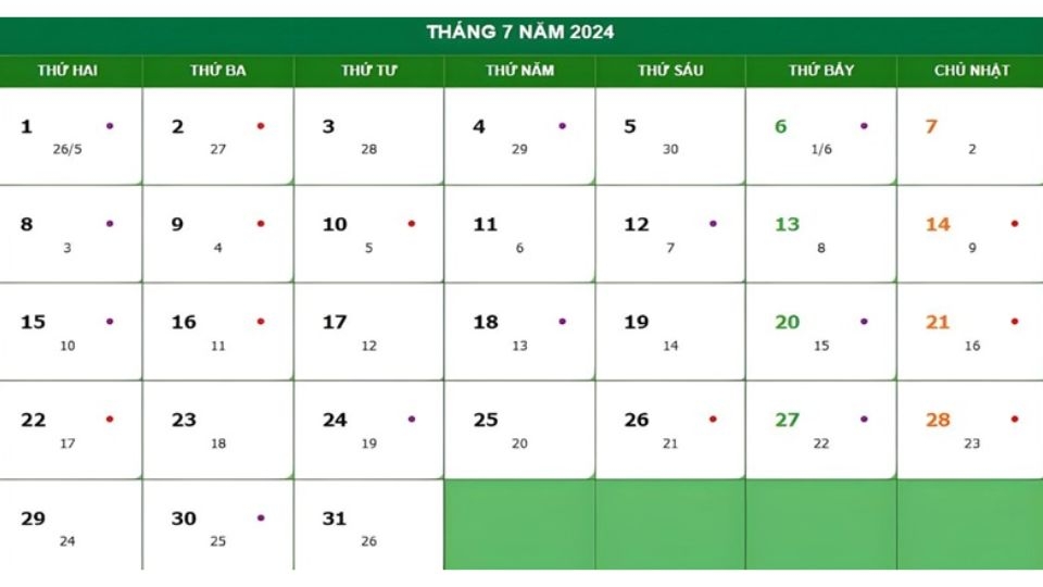Tổng quan về lịch âm tháng 7 2024