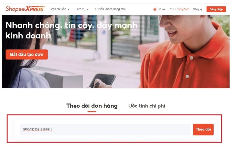 Kiểm tra trực tiếp trên website đơn vị vận chuyển hàng Shopee