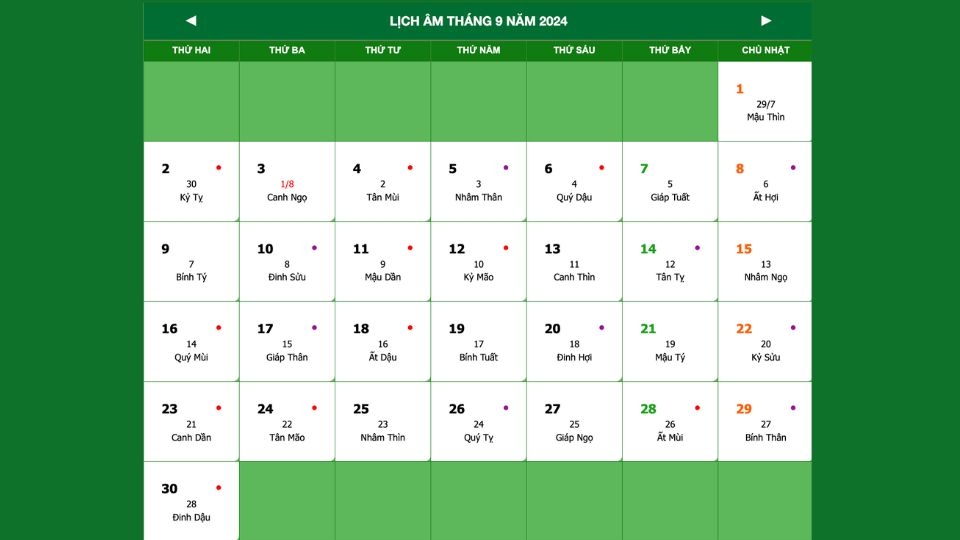 Tổng quan về lịch âm tháng 9 2024