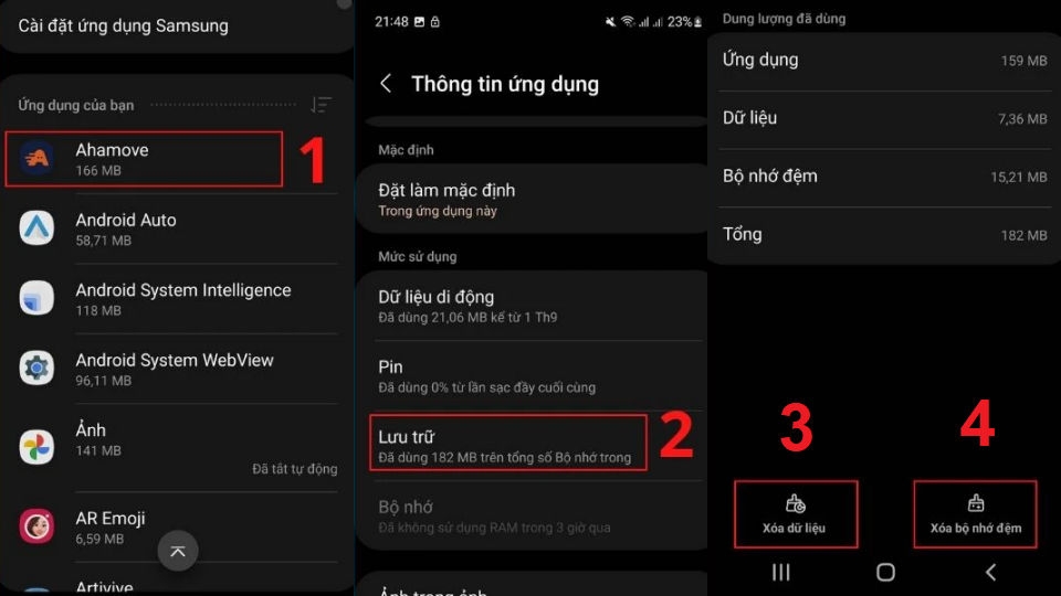 Chọn ứng dụng không tương thích => chọn mục Lưu trữ rồi chọn vào Xóa dữ liệu và Xóa bộ nhớ đệm