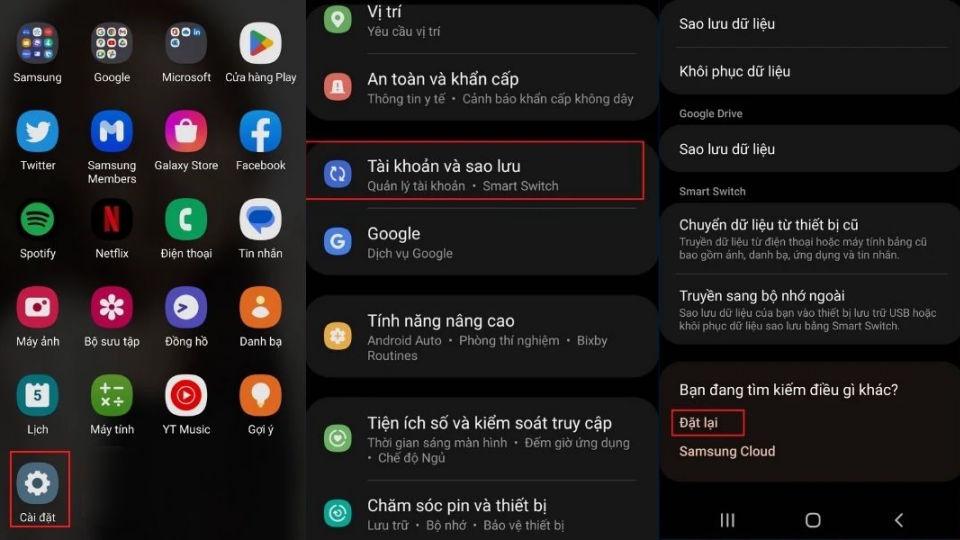 Vào Cài đặt, chọn mục Tài khoản và sao lưu rồi lướt xuống cuối màn hình và chọn Đặt lại