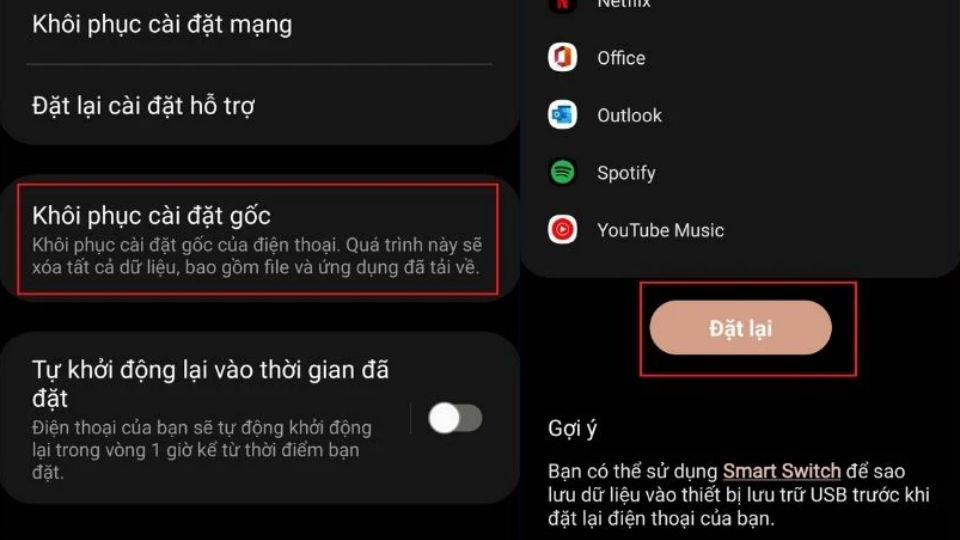 Nhấn Khôi phục tài khoản gốc rồi chọn Đặt lại và nhập mã PIN