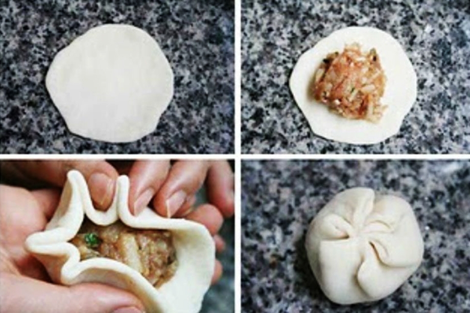 Nhồi nhân và tạo hình cho bánh bao hấp.