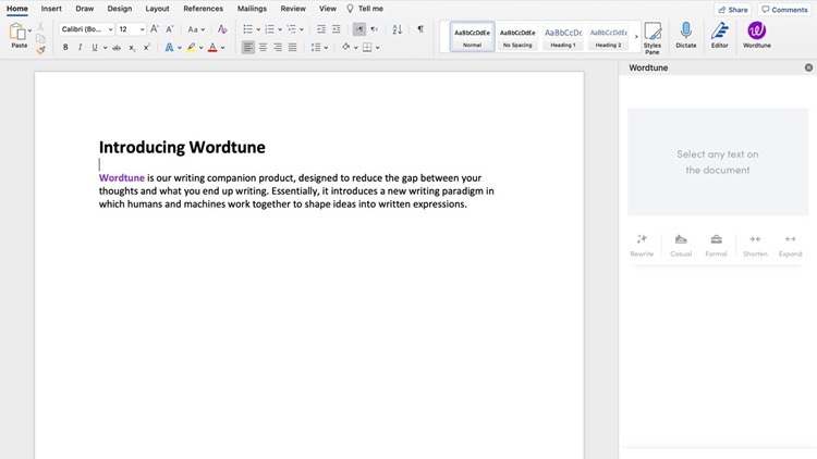 Ứng dụng của Wordtune trong Microsoft Word