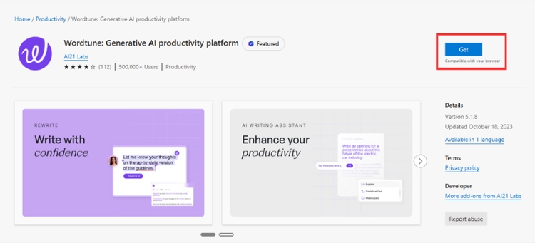 Đi tới địa chỉ&nbsp;https://appsource.microsoft.com/vi-vn/. Nhập Wordtune vào thanh tìm kiếm và chọn Get tại ứng dụng.