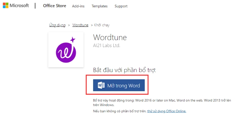 Cài đặt xong, ấn vào Mở trong Word (hoặc&nbsp;Open in Word online)
