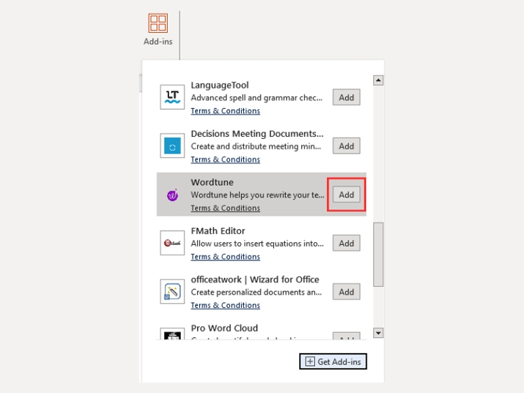 Tìm kiếm Add-ins Wordtune > chọn&nbsp;Add